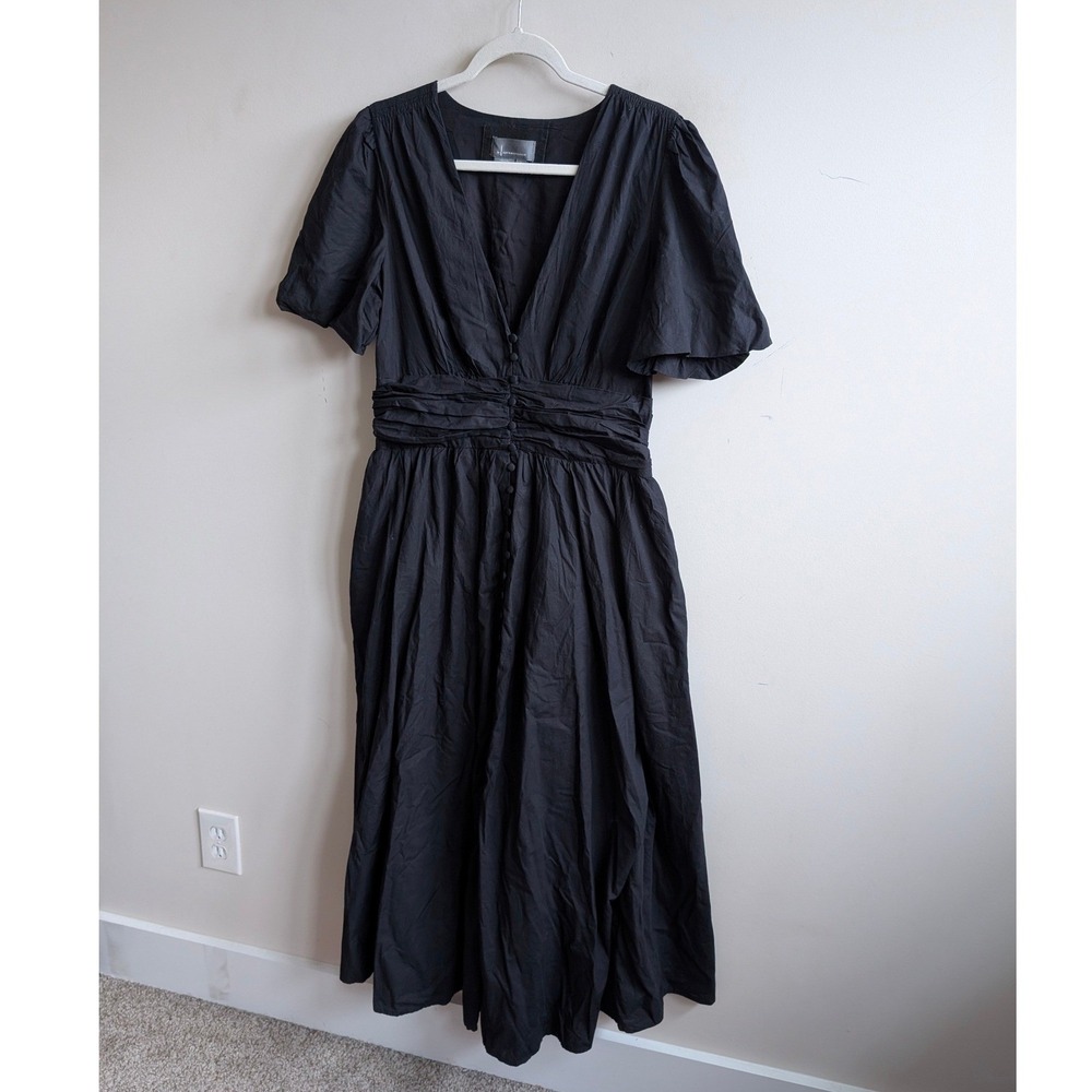 Anthropologie Katerina Button-Front Dress Maxi Dress Black Cotton V-Neck Large - Picture 6 of 10